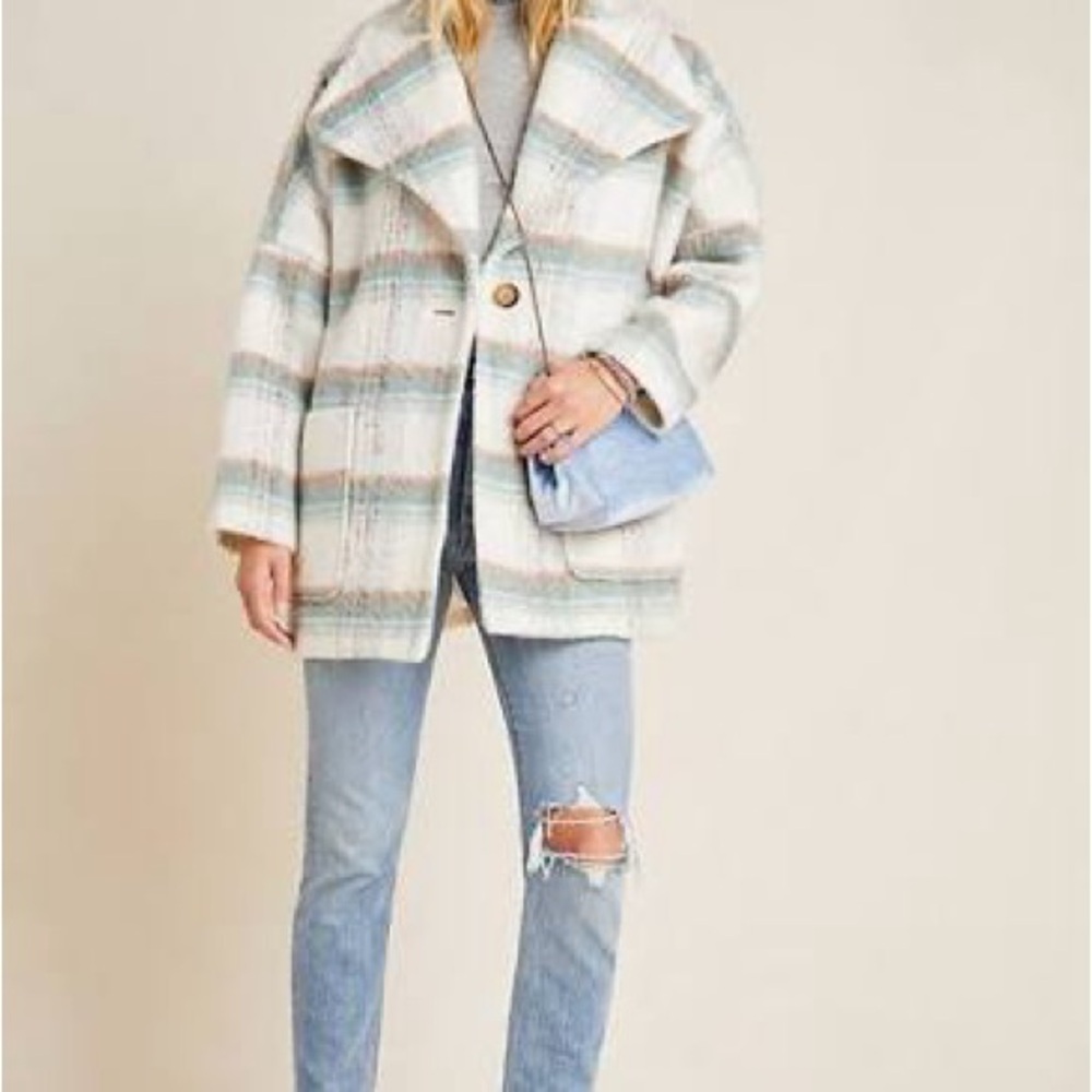 Anthropologie Elsa Womens Cream Plaid Button-Front Coat